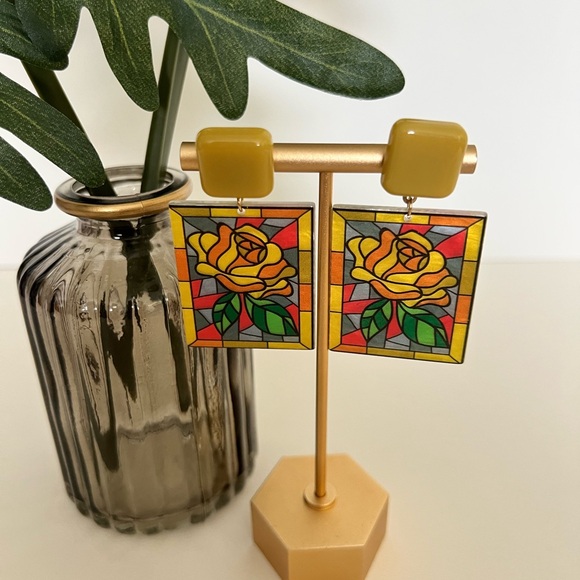 Art Nouveau Floral Stained Glass Earrings- Dangle Retro Flower Earrings - Picture 16 of 16
